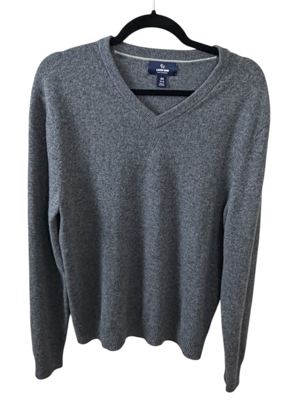 Lands' End 100% Cashmere Gray V-Neck Pullover Sweater Size M 38-40 Quiet Luxury